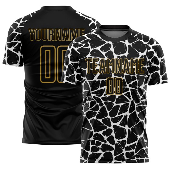 Benutzerdefinierte schwarz weiß-altgold abstrakte Netzwerk Splash Sublimation Fußball Uniform Jersey Benutzerdefinierte schwarz weiß-altgold abstrakte Netzwerk Splash Sublimation Fußball Uniform Jersey