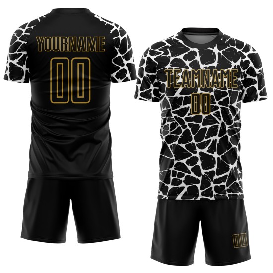 Benutzerdefinierte schwarz weiß-altgold abstrakte Netzwerk Splash Sublimation Fußball Uniform Jersey Benutzerdefinierte schwarz weiß-altgold abstrakte Netzwerk Splash Sublimation Fußball Uniform Jersey