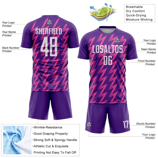 Benutzerdefinierte Lila Weiß-Rosa Zickzack Form Sublimation Fußball Uniform Trikot Benutzerdefinierte Lila Weiß-Rosa Zickzack Form Sublimation Fußball Uniform Trikot