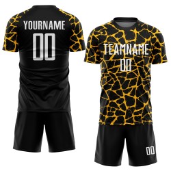Benutzerdefinierte schwarz weiß-gold abstrakte Netzwerk Splash Sublimation Fußball Uniform Trikot
