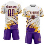 Benutzerdefinierte weiß lila-gold abstrakte Fragment Kunst Splash Sublimation Fußball Uniform Jersey Benutzerdefinierte weiß lila-gold abstrakte Fragment Kunst Splash Sublimation Fußball Uniform Jersey