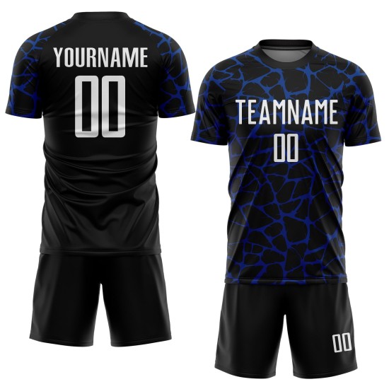 Benutzerdefinierte schwarz weiß-königsblau abstrakte Netzwerk Splash Sublimation Fußball Uniform Trikot Benutzerdefinierte schwarz weiß-königsblau abstrakte Netzwerk Splash Sublimation Fußball Uniform Trikot