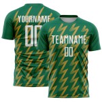Benutzerdefinierte Kelly Green Weiß-Altgold Zickzack Form Sublimation Fußball Uniform Trikot Benutzerdefinierte Kelly Green Weiß-Altgold Zickzack Form Sublimation Fußball Uniform Trikot