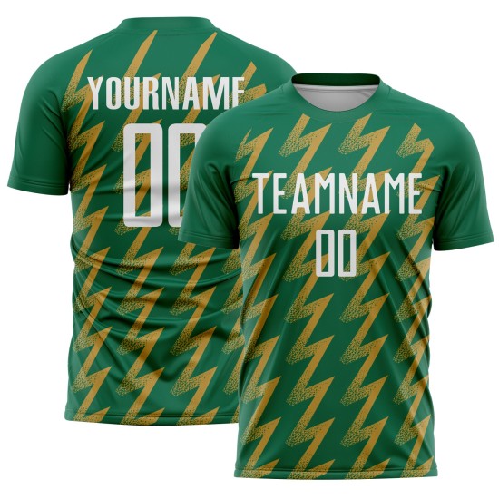 Benutzerdefinierte Kelly Green Weiß-Altgold Zickzack Form Sublimation Fußball Uniform Trikot Benutzerdefinierte Kelly Green Weiß-Altgold Zickzack Form Sublimation Fußball Uniform Trikot