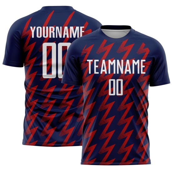 Benutzerdefinierte Marine weiß-rot Zickzack Form Sublimation Fußball Uniform Trikot Benutzerdefinierte Marine weiß-rot Zickzack Form Sublimation Fußball Uniform Trikot