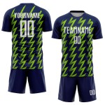 Benutzerdefiniertes Marineblaues, Weiß-Neongrünes, Zickzack-förmiges Sublimations-Fußballtrikot Benutzerdefiniertes Marineblaues, Weiß-Neongrünes, Zickzack-förmiges Sublimations-Fußballtrikot