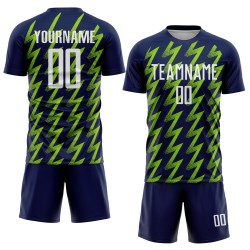 Benutzerdefiniertes Marineblaues, Weiß-Neongrünes, Zickzack-förmiges Sublimations-Fußballtrikot Benutzerdefiniertes Marineblaues, Weiß-Neongrünes, Zickzack-förmiges Sublimations-Fußballtrikot