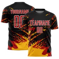 Benutzerdefinierte schwarz rot-gold abstrakte Fragment Kunst Splash Sublimation Fußball Uniform Trikot