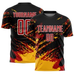 Benutzerdefinierte schwarz rot-gold abstrakte Fragment Kunst Splash Sublimation Fußball Uniform Trikot