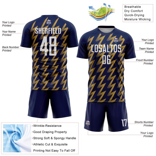 Benutzerdefiniertes Marine-Weiß-Altgold-Sublimations-Fußballtrikot mit Zickzack-Form Benutzerdefiniertes Marine-Weiß-Altgold-Sublimations-Fußballtrikot mit Zickzack-Form