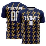 Benutzerdefiniertes Marine-Weiß-Altgold-Sublimations-Fußballtrikot mit Zickzack-Form Benutzerdefiniertes Marine-Weiß-Altgold-Sublimations-Fußballtrikot mit Zickzack-Form