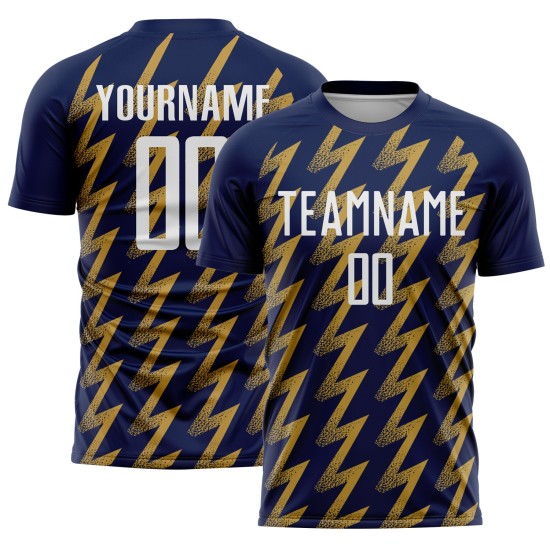 Benutzerdefiniertes Marine-Weiß-Altgold-Sublimations-Fußballtrikot mit Zickzack-Form Benutzerdefiniertes Marine-Weiß-Altgold-Sublimations-Fußballtrikot mit Zickzack-Form
