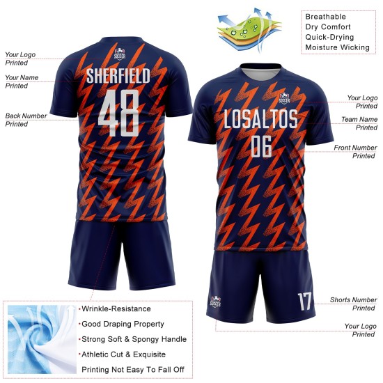 Benutzerdefiniertes Marineblaues, Weiß-Orangefarbenes Sublimations-Fußballtrikot Benutzerdefiniertes Marineblaues, Weiß-Orangefarbenes Sublimations-Fußballtrikot