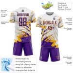 Benutzerdefinierte weiß lila-gold abstrakte Fragment Kunst Splash Sublimation Fußball Uniform Jersey Benutzerdefinierte weiß lila-gold abstrakte Fragment Kunst Splash Sublimation Fußball Uniform Jersey