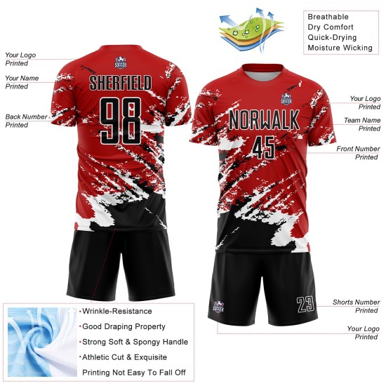 Benutzerdefinierte rot schwarz-weiß abstrakte Fragment Kunst Splash Sublimation Fußball Uniform Jersey Benutzerdefinierte rot schwarz-weiß abstrakte Fragment Kunst Splash Sublimation Fußball Uniform Jersey