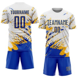 Benutzerdefinierte weiß Thunder Blue-Gold abstrakte Fragment Kunst Splash Sublimation Fußball Uniform Trikot