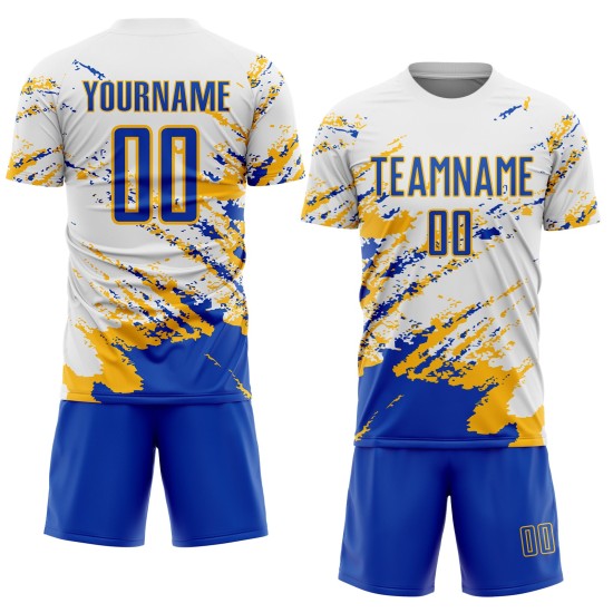 Benutzerdefinierte weiß Thunder Blue-Gold abstrakte Fragment Kunst Splash Sublimation Fußball Uniform Trikot Benutzerdefinierte weiß Thunder Blue-Gold abstrakte Fragment Kunst Splash Sublimation Fußball Uniform Trikot