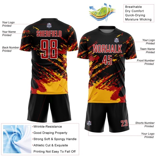 Benutzerdefinierte schwarz rot-gold abstrakte Fragment Kunst Splash Sublimation Fußball Uniform Trikot Benutzerdefinierte schwarz rot-gold abstrakte Fragment Kunst Splash Sublimation Fußball Uniform Trikot