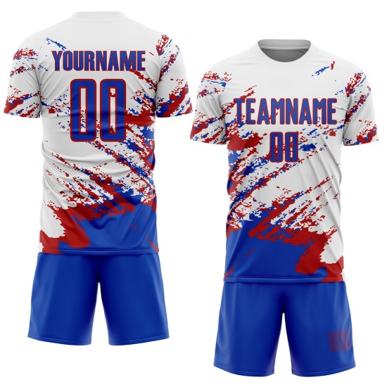 Benutzerdefinierte weiß Thunder blau-rot abstrakte Fragment Kunst Splash Sublimation Fußball Uniform Trikot Benutzerdefinierte weiß Thunder blau-rot abstrakte Fragment Kunst Splash Sublimation Fußball Uniform Trikot
