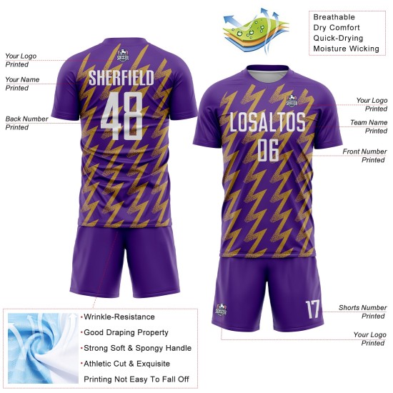 Benutzerdefinierte Lila Weiß-Altgold Zickzack Form Sublimation Fußball Uniform Trikot Benutzerdefinierte Lila Weiß-Altgold Zickzack Form Sublimation Fußball Uniform Trikot