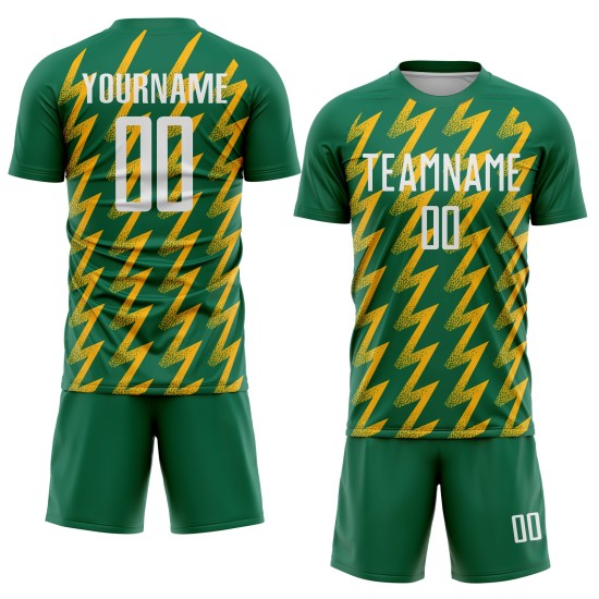 Benutzerdefinierte Kelly Green Weiß-Gold Zickzack Form Sublimation Fußball Uniform Trikot Benutzerdefinierte Kelly Green Weiß-Gold Zickzack Form Sublimation Fußball Uniform Trikot