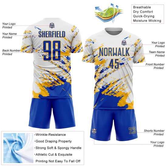 Benutzerdefinierte weiß Thunder Blue-Gold abstrakte Fragment Kunst Splash Sublimation Fußball Uniform Trikot Benutzerdefinierte weiß Thunder Blue-Gold abstrakte Fragment Kunst Splash Sublimation Fußball Uniform Trikot