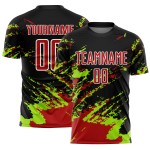 Benutzerdefinierte schwarz rot-neongrün abstrakte Fragment Kunst Splash Sublimation Fußball Uniform Trikot Benutzerdefinierte schwarz rot-neongrün abstrakte Fragment Kunst Splash Sublimation Fußball Uniform Trikot