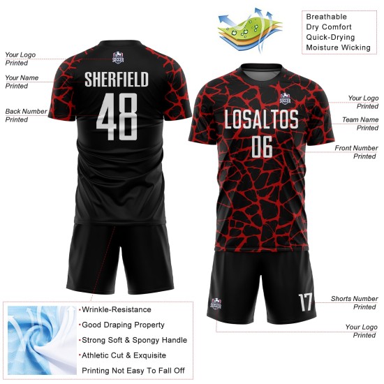 Benutzerdefinierte schwarz weiß-rot abstrakte Netzwerk Splash Sublimation Fußball Uniform Trikot Benutzerdefinierte schwarz weiß-rot abstrakte Netzwerk Splash Sublimation Fußball Uniform Trikot