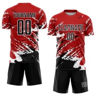 Benutzerdefinierte rot schwarz-weiß abstrakte Fragment Kunst Splash Sublimation Fußball Uniform Jersey Benutzerdefinierte rot schwarz-weiß abstrakte Fragment Kunst Splash Sublimation Fußball Uniform Jersey
