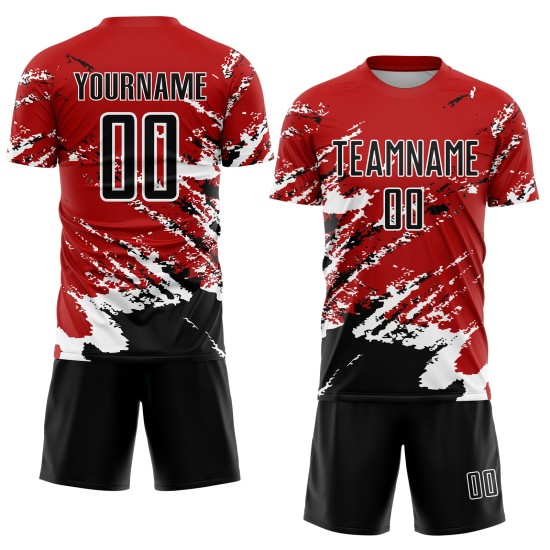 Benutzerdefinierte rot schwarz-weiß abstrakte Fragment Kunst Splash Sublimation Fußball Uniform Jersey Benutzerdefinierte rot schwarz-weiß abstrakte Fragment Kunst Splash Sublimation Fußball Uniform Jersey