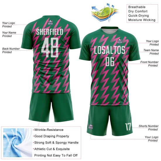 Benutzerdefinierte Kelly Green Weiß-Pink Zickzack Form Sublimation Fußball Uniform Trikot Benutzerdefinierte Kelly Green Weiß-Pink Zickzack Form Sublimation Fußball Uniform Trikot