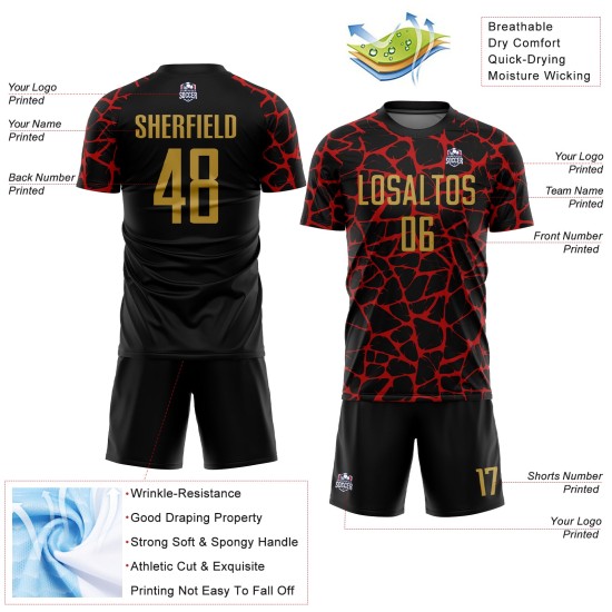 Benutzerdefinierte schwarz alt gold-rot abstrakte Netzwerk Splash Sublimation Fußball Uniform Trikot Benutzerdefinierte schwarz alt gold-rot abstrakte Netzwerk Splash Sublimation Fußball Uniform Trikot