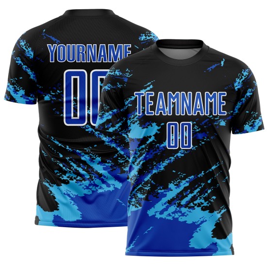Benutzerdefinierte Schwarz Thunder Blau-Himmel Blau Abstrakte Fragment Kunst Splash Sublimation Fußball Uniform Jersey Benutzerdefinierte Schwarz Thunder Blau-Himmel Blau Abstrakte Fragment Kunst Splash Sublimation Fußball Uniform Jersey