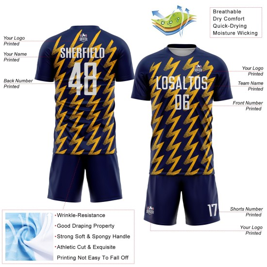Benutzerdefiniertes Marineblaues Weiß-Gold-Fußballtrikot mit Sublimationsdruck Benutzerdefiniertes Marineblaues Weiß-Gold-Fußballtrikot mit Sublimationsdruck
