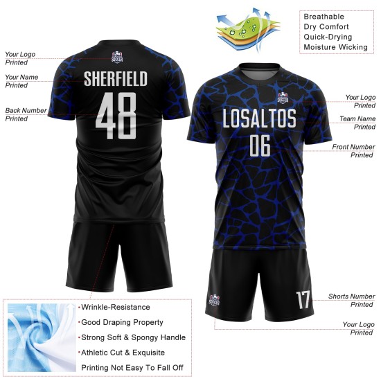 Benutzerdefinierte schwarz weiß-königsblau abstrakte Netzwerk Splash Sublimation Fußball Uniform Trikot Benutzerdefinierte schwarz weiß-königsblau abstrakte Netzwerk Splash Sublimation Fußball Uniform Trikot