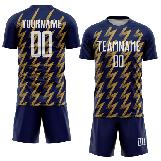 Benutzerdefiniertes Marine-Weiß-Altgold-Sublimations-Fußballtrikot mit Zickzack-Form Benutzerdefiniertes Marine-Weiß-Altgold-Sublimations-Fußballtrikot mit Zickzack-Form