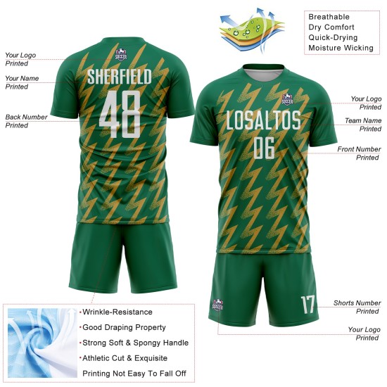 Benutzerdefinierte Kelly Green Weiß-Altgold Zickzack Form Sublimation Fußball Uniform Trikot Benutzerdefinierte Kelly Green Weiß-Altgold Zickzack Form Sublimation Fußball Uniform Trikot