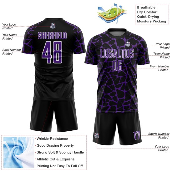 Benutzerdefinierte schwarz lila-weiß abstrakte Netzwerk Splash Sublimation Fußball Uniform Trikot Benutzerdefinierte schwarz lila-weiß abstrakte Netzwerk Splash Sublimation Fußball Uniform Trikot