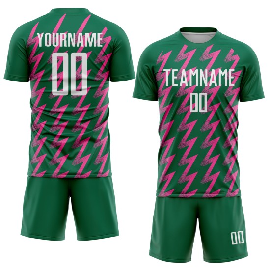 Benutzerdefinierte Kelly Green Weiß-Pink Zickzack Form Sublimation Fußball Uniform Trikot Benutzerdefinierte Kelly Green Weiß-Pink Zickzack Form Sublimation Fußball Uniform Trikot