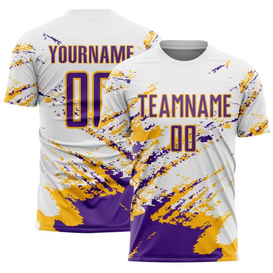 Benutzerdefinierte weiß lila-gold abstrakte Fragment Kunst Splash Sublimation Fußball Uniform Jersey Benutzerdefinierte weiß lila-gold abstrakte Fragment Kunst Splash Sublimation Fußball Uniform Jersey