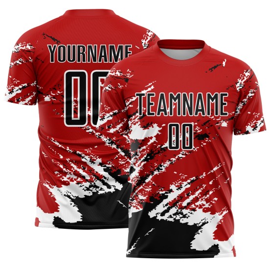 Benutzerdefinierte rot schwarz-weiß abstrakte Fragment Kunst Splash Sublimation Fußball Uniform Jersey Benutzerdefinierte rot schwarz-weiß abstrakte Fragment Kunst Splash Sublimation Fußball Uniform Jersey