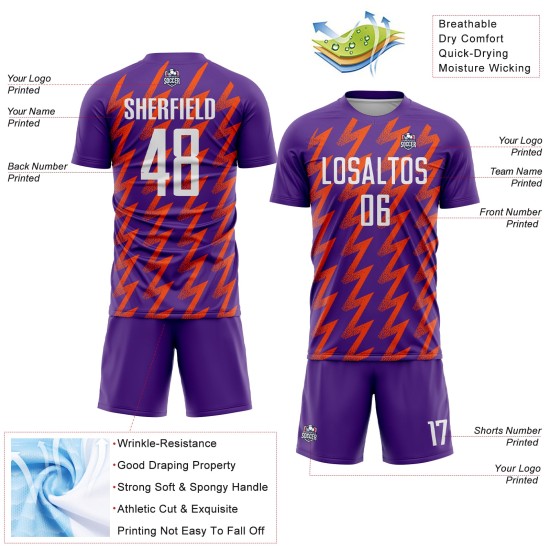 Benutzerdefinierte Lila Weiß-Orange Zickzack Form Sublimation Fußball Uniform Trikot Benutzerdefinierte Lila Weiß-Orange Zickzack Form Sublimation Fußball Uniform Trikot