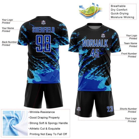 Benutzerdefinierte Schwarz Thunder Blau-Himmel Blau Abstrakte Fragment Kunst Splash Sublimation Fußball Uniform Jersey Benutzerdefinierte Schwarz Thunder Blau-Himmel Blau Abstrakte Fragment Kunst Splash Sublimation Fußball Uniform Jersey