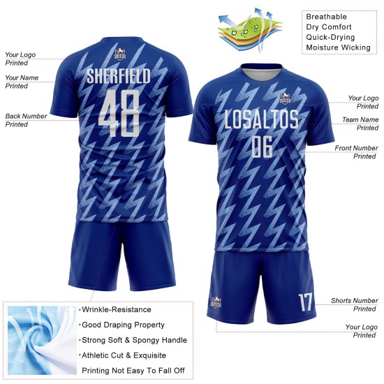 Benutzerdefinierte Royal Weiß-Hellblau Zickzack Form Sublimation Fußball Uniform Trikot Benutzerdefinierte Royal Weiß-Hellblau Zickzack Form Sublimation Fußball Uniform Trikot