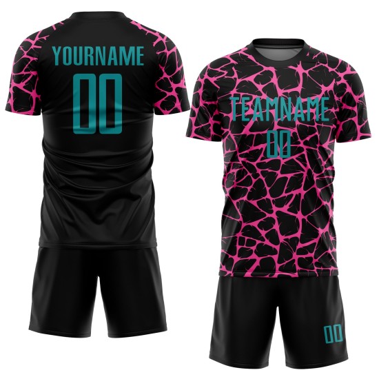 Benutzerdefinierte schwarz blaugrün-rosa abstrakte Netzwerk Splash Sublimation Fußball Uniform Trikot Benutzerdefinierte schwarz blaugrün-rosa abstrakte Netzwerk Splash Sublimation Fußball Uniform Trikot