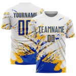 Benutzerdefinierte weiß Thunder Blue-Gold abstrakte Fragment Kunst Splash Sublimation Fußball Uniform Trikot Benutzerdefinierte weiß Thunder Blue-Gold abstrakte Fragment Kunst Splash Sublimation Fußball Uniform Trikot