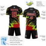 Benutzerdefinierte schwarz rot-neongrün abstrakte Fragment Kunst Splash Sublimation Fußball Uniform Trikot Benutzerdefinierte schwarz rot-neongrün abstrakte Fragment Kunst Splash Sublimation Fußball Uniform Trikot