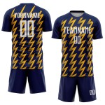 Benutzerdefiniertes Marineblaues Weiß-Gold-Fußballtrikot mit Sublimationsdruck Benutzerdefiniertes Marineblaues Weiß-Gold-Fußballtrikot mit Sublimationsdruck