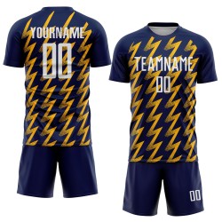 Benutzerdefiniertes Marineblaues Weiß-Gold-Fußballtrikot mit Sublimationsdruck Benutzerdefiniertes Marineblaues Weiß-Gold-Fußballtrikot mit Sublimationsdruck