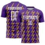 Benutzerdefinierte Lila Weiß-Altgold Zickzack Form Sublimation Fußball Uniform Trikot Benutzerdefinierte Lila Weiß-Altgold Zickzack Form Sublimation Fußball Uniform Trikot